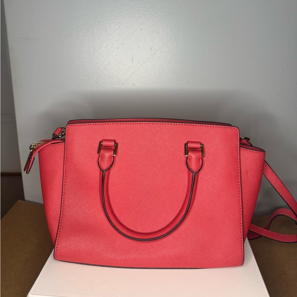 Michael Kors Coral-Red Saffiano Leather Satchel - Picture 3 of 5